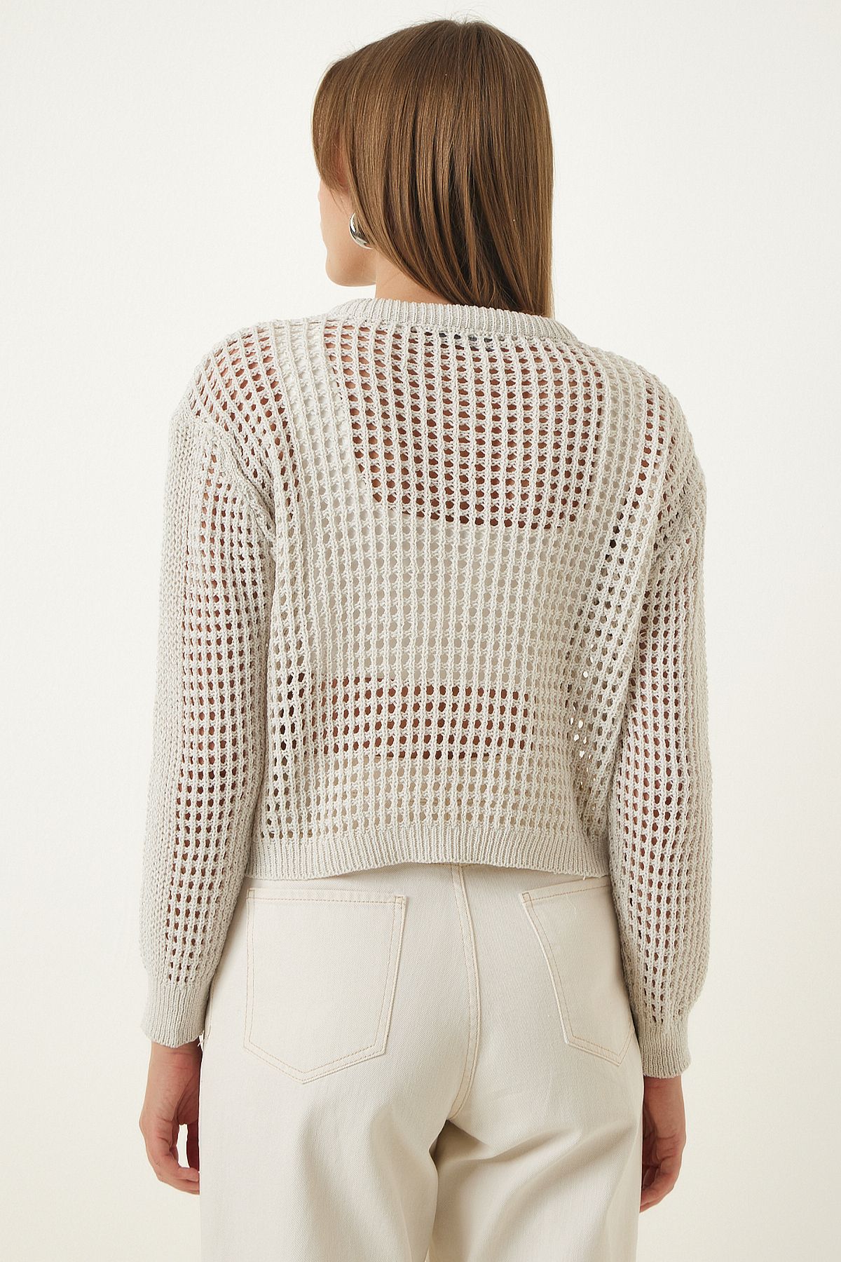 Happiness İstanbul-Cardigan din tricot crop sezonier, crem, curbat, strălucitor, MW00145 5