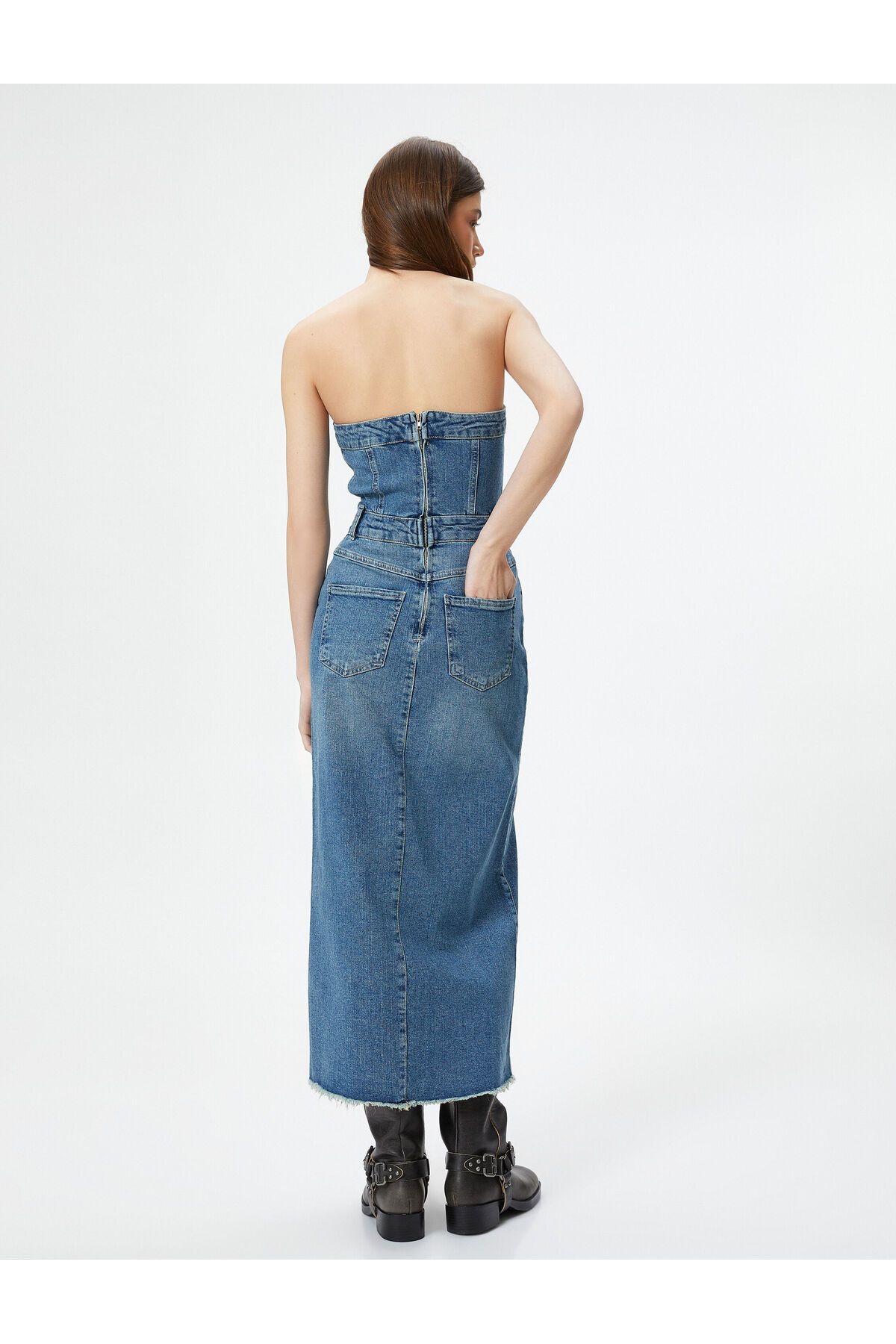 Koton Strapless Denim Dress Midi Length Slim Fit Pocket Cotton