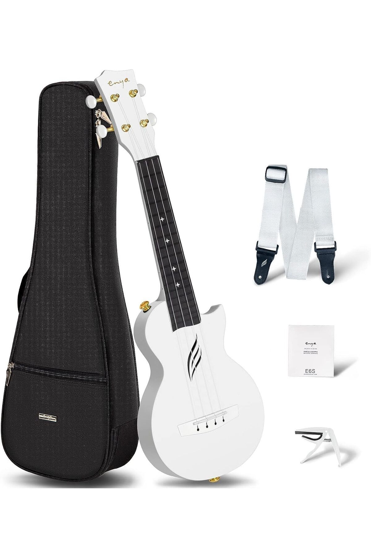 EnYa-NOVA Mini White Ukulele Acoustic, for Beginners, Case, Strap, Capo and Spring Starter Kit 1