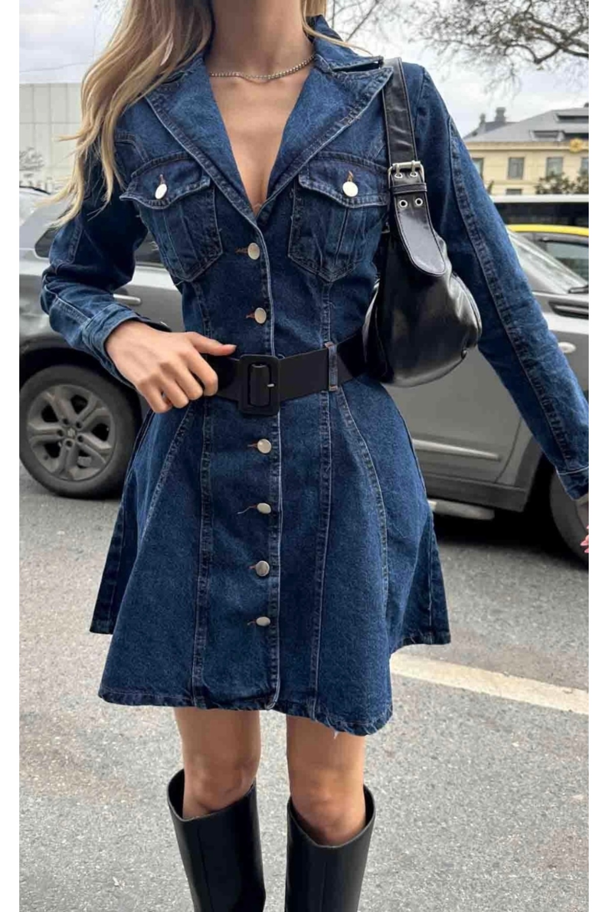 GM Butikk Kadın Lacivert Denim Elbise görsel 2