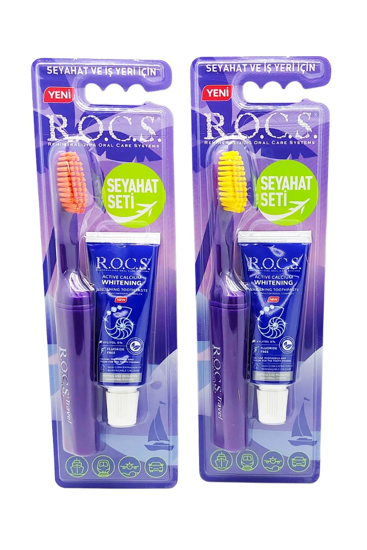 R.O.C.S. 2'Lİ Travel Katlanır Diş Fırçası ve Beyazlatıcı Diş Macunu 25 G Seti-TURUNCU-SARI KIL - 1
