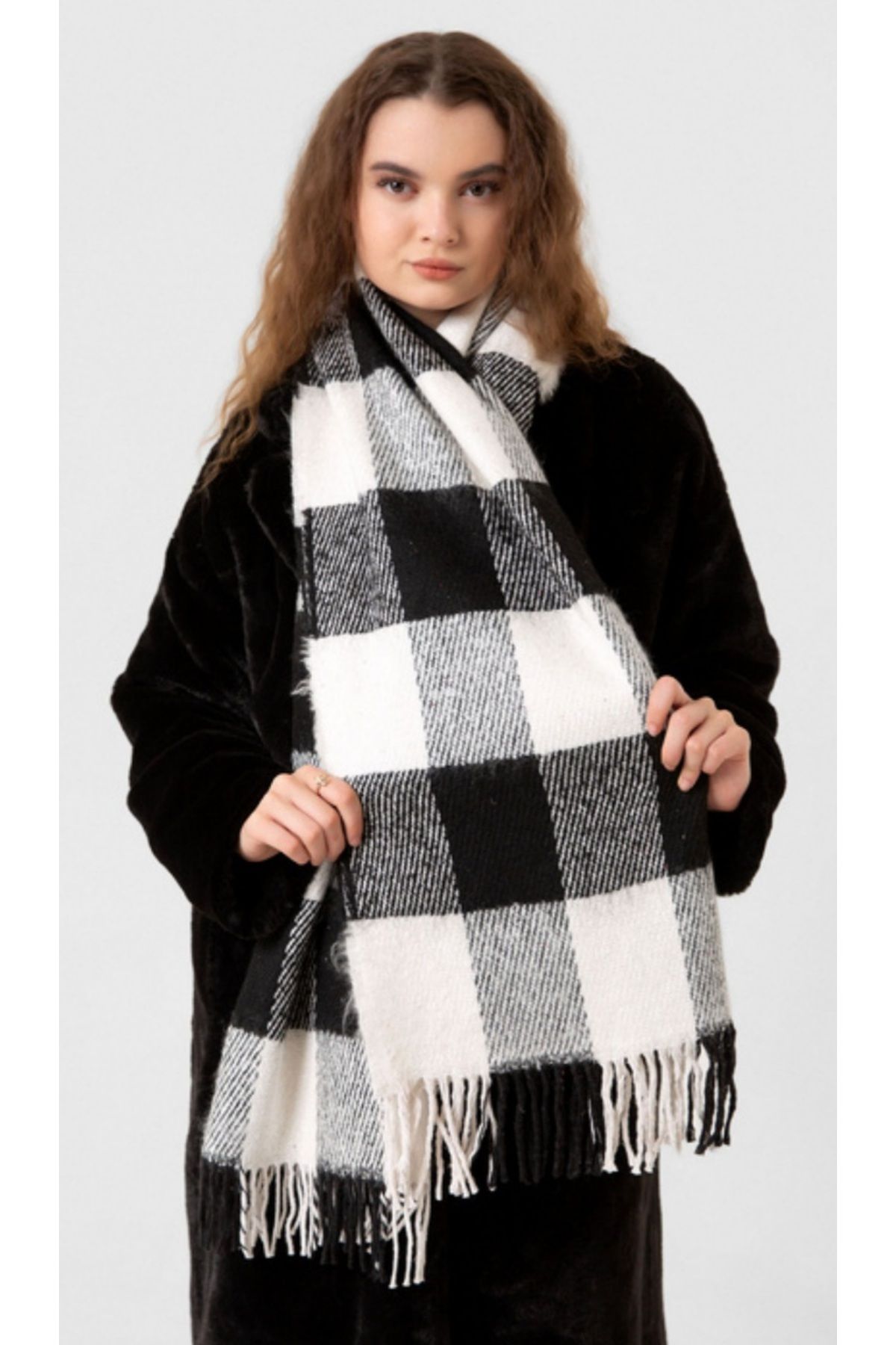 FRESCO SCARFS-Soft Textured Square Patterned Striped Scarf Shawl Shoulder Shawl 1