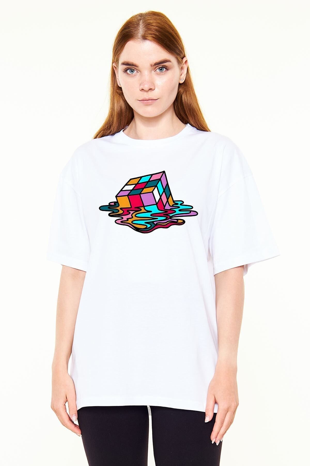 Pisa Art-Melting Rubik's Cube Printed Unisex White Oversize Tshirt 3