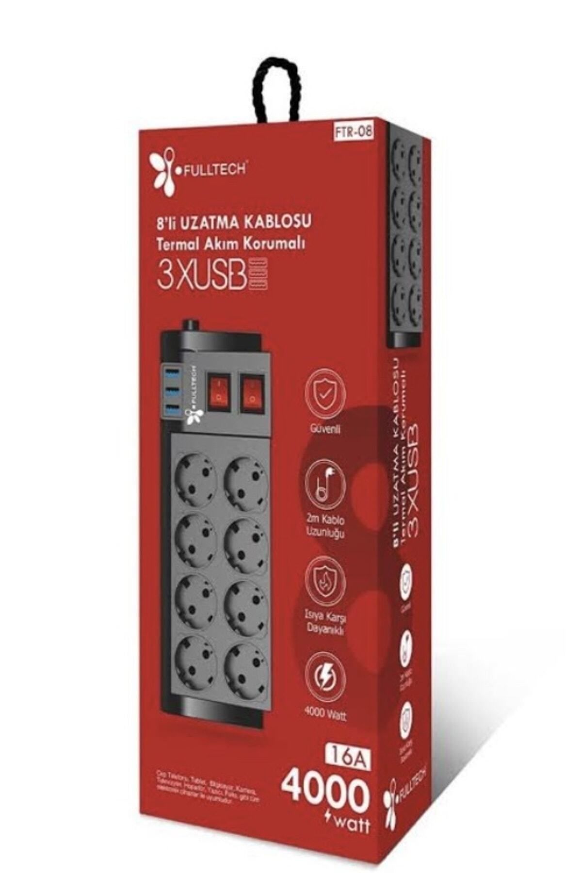 PİNK İTHALAT Termal Akım Korumalı 8'li Priz 3 X Usb - 2 Mt Kablo Uzunluğu