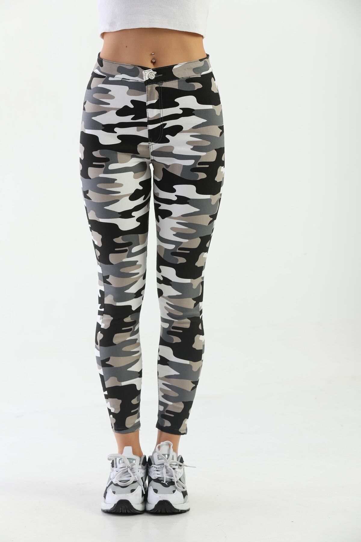 BİKELİFE Pink Camouflage Pattern Gabardine Leggings Trousers - Trendyol