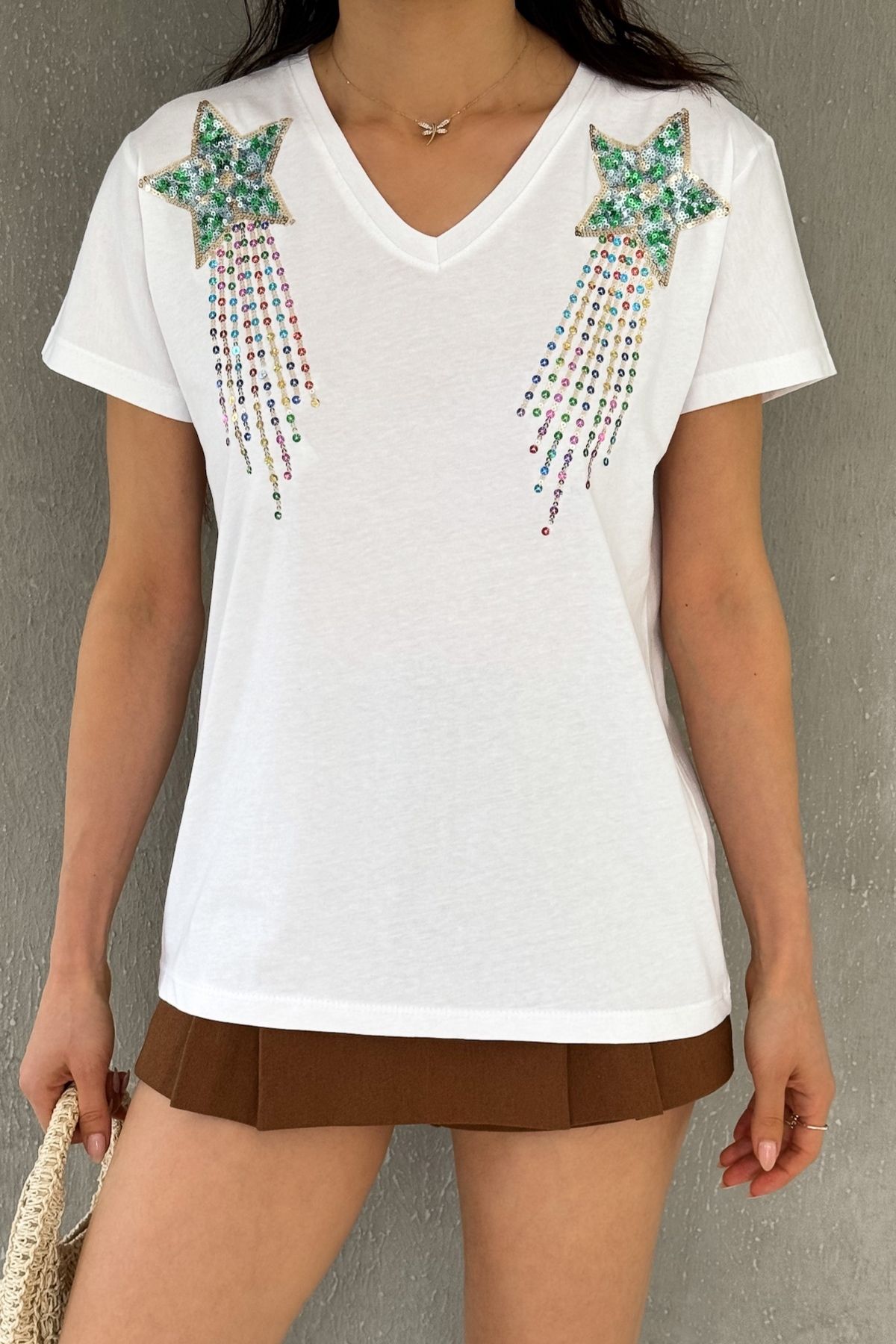 FEMELLE-Women's White V-Neck Shoulders Star Sequin Sequin Embroidered 100% Cotton T-Shirt 4