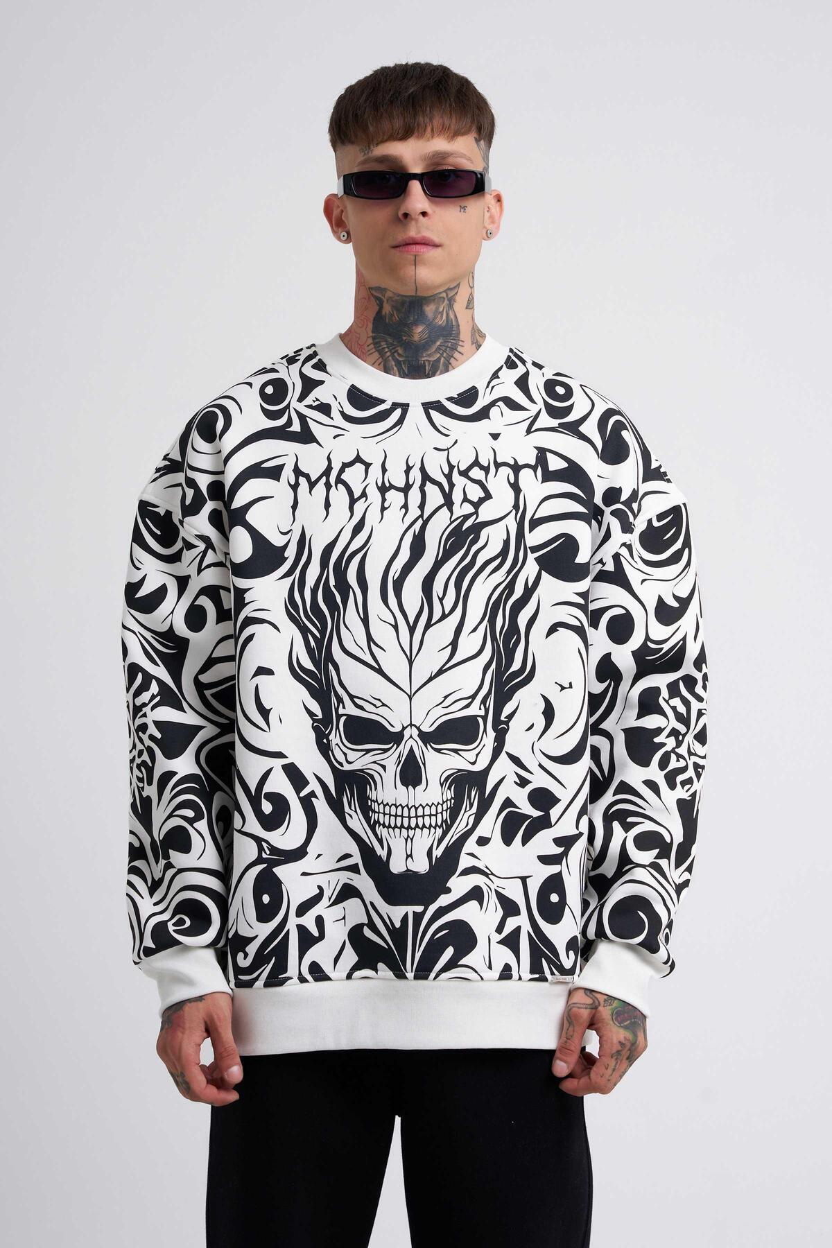 سویشرت مردانه با چاپ جمجمه خاکستری سایز بزرگ