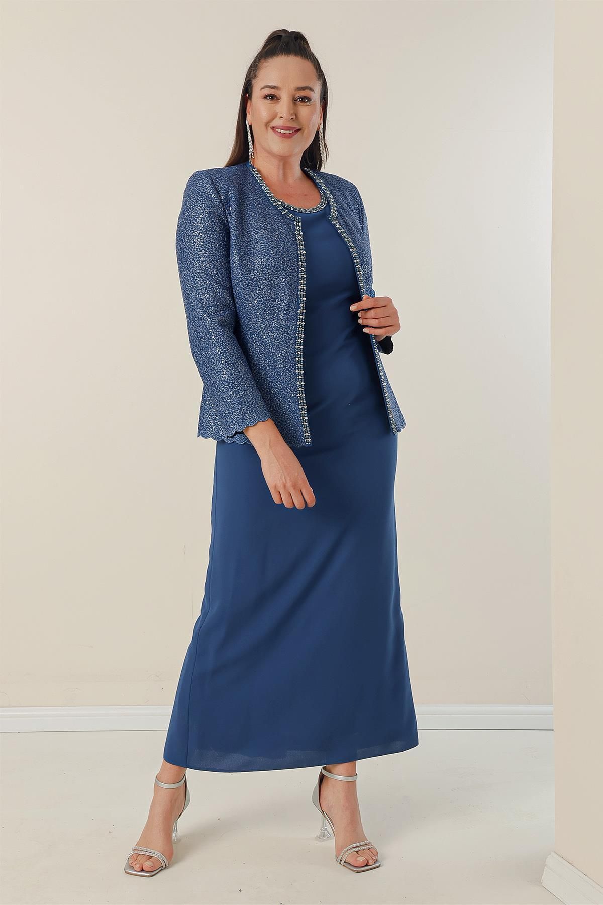 By Sayg Collar Stone Lined Long Crepe Dress Sequin Jacket Plus