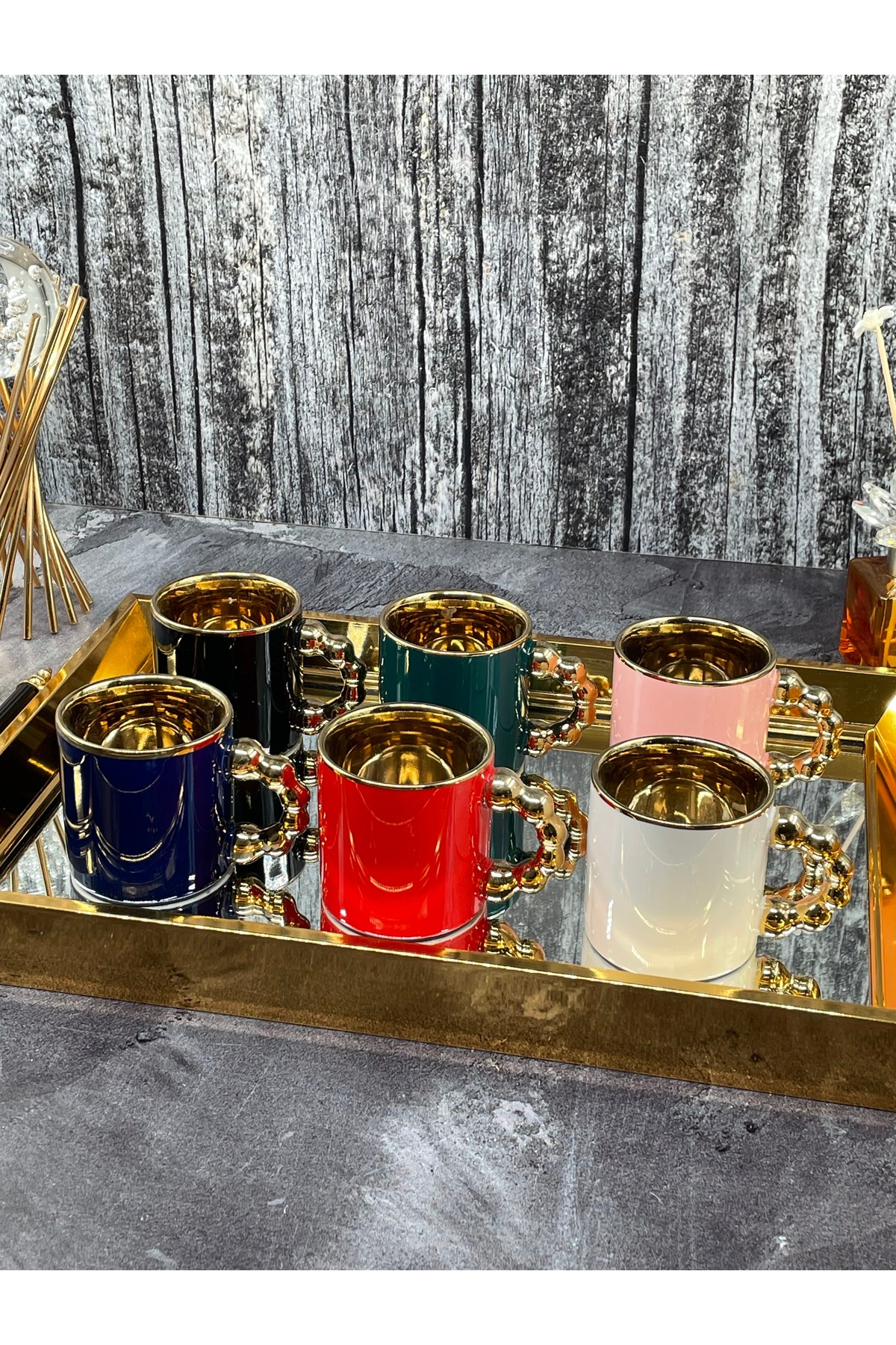 YzHome 6 Lı Porselen Renkli Yaldızlı Gold Detaylı Boncuk Kulplu Bardak ...