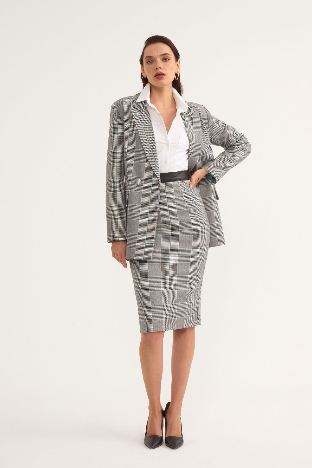 Sateen Plaid Detailed Pencil Skirt Turquoise grey Trendyol