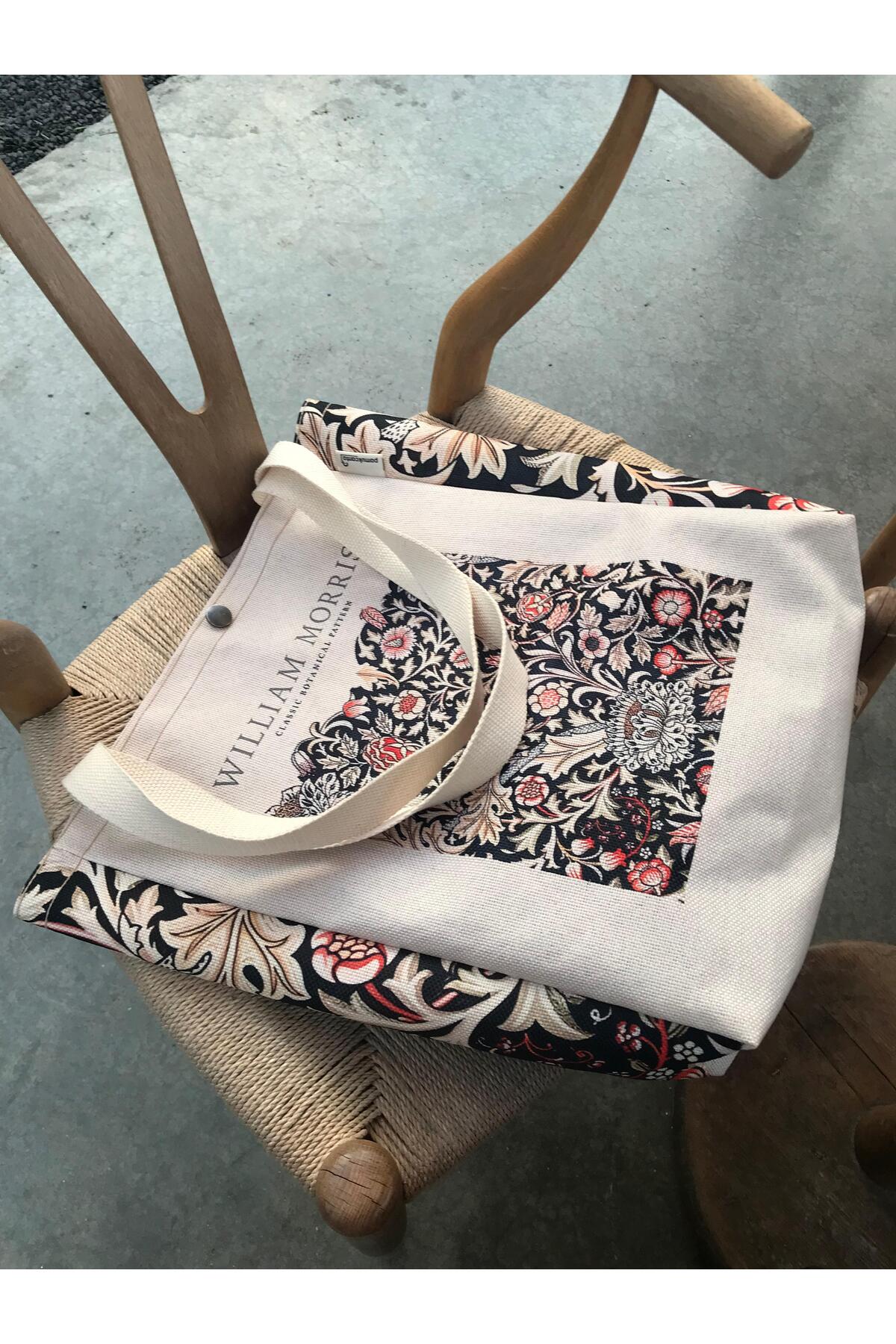 pamukcanta  William Morris Kanvas Bez Çanta Yıkanabilir Metal Çıtçıtlı Cepli - Görsel 2