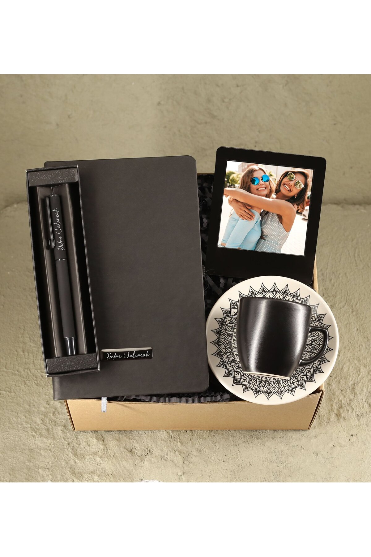 Personalized Black Notebook & Personalized Pen & Personalized Frame & Coffee Cup Gift Set