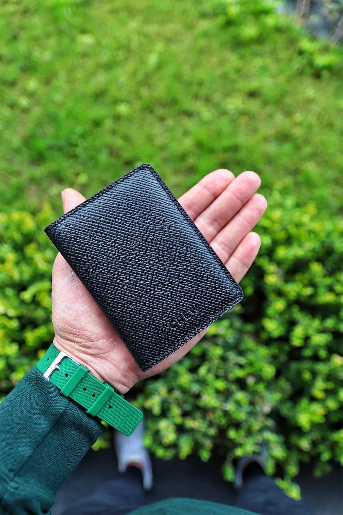کارت دار مردانه و زنانه نگهدارنده چرمی سیاه با الگوی سافیانو کیف پول Crew Leather