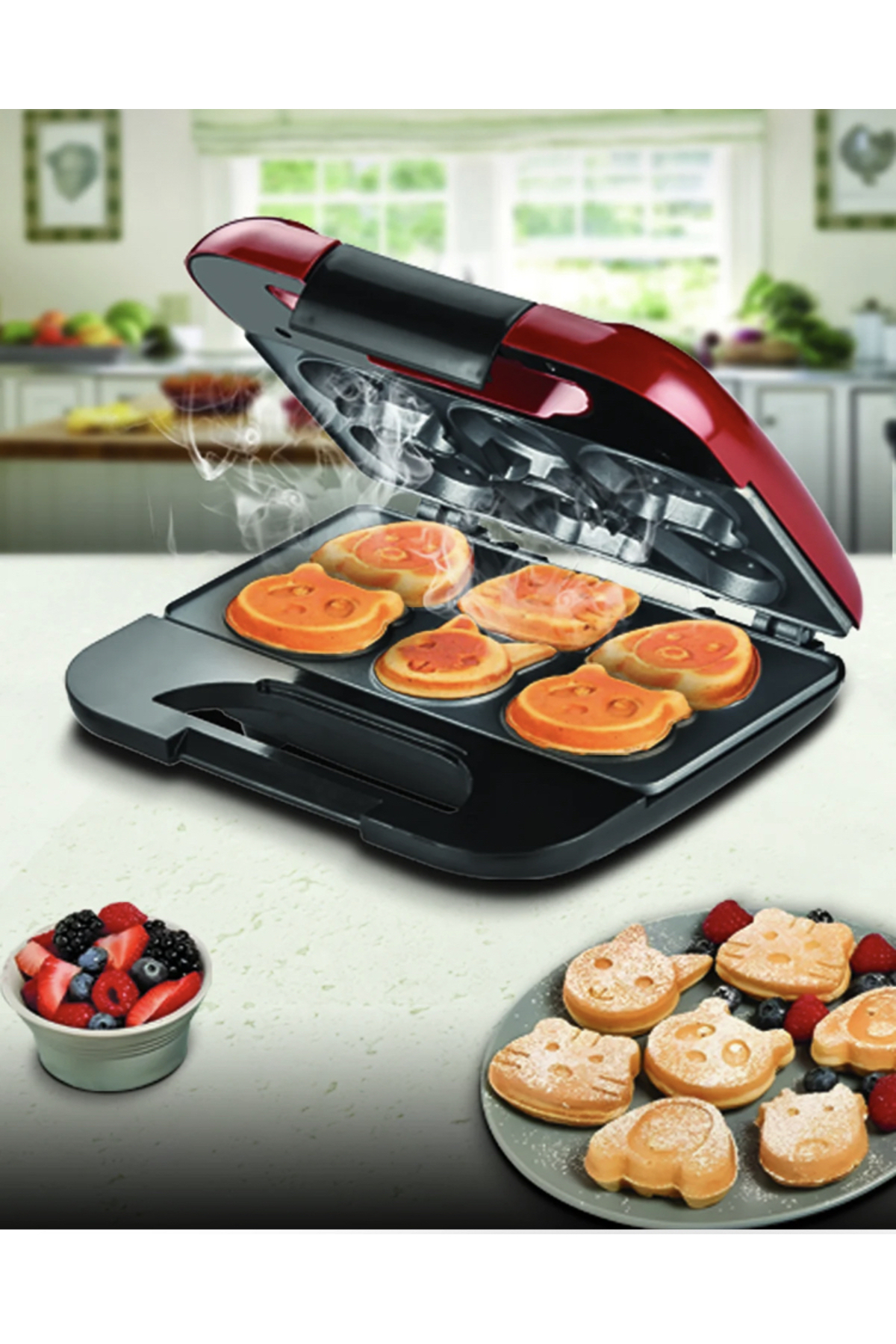 Kiwi Home KiwiElektrikli Waffle Makinesi Çocuk Portatif Kırmızı Mutfak Mini Waffle Izgara