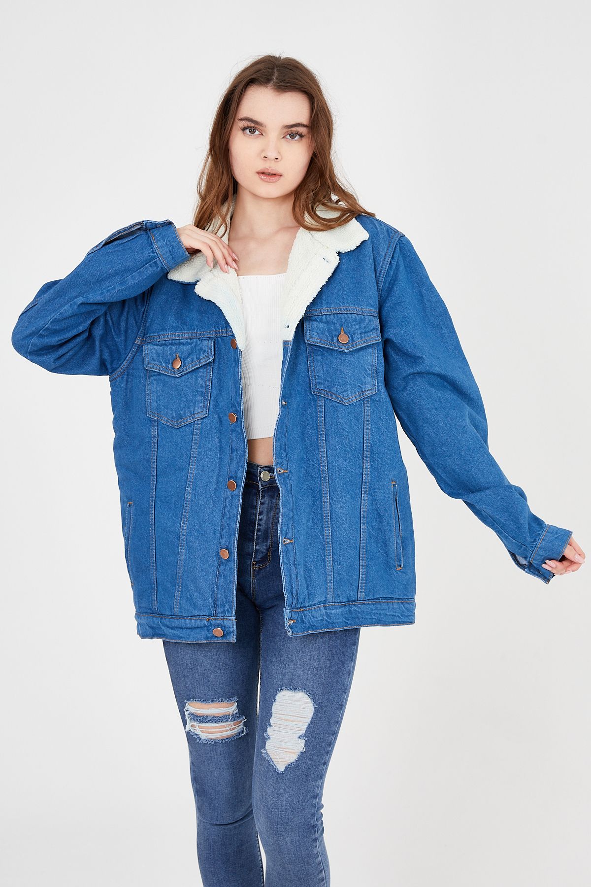 Denim jacket top with fur oversized