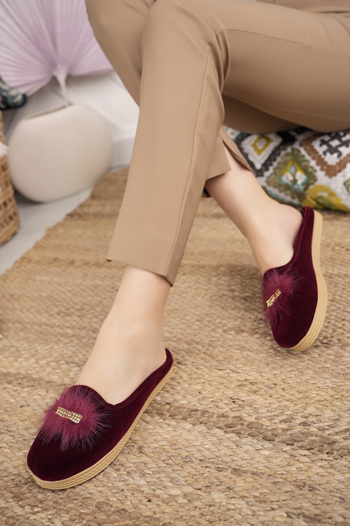 Modafırsat Γυναικείες παντόφλες με φτερά μπορντό χρώματος, χειμερινές παντόφλες για εσωτερικούς χώρους, μαλακές άνετες παντόφλες με πέτρες, παντόφλες για καλεσμένους