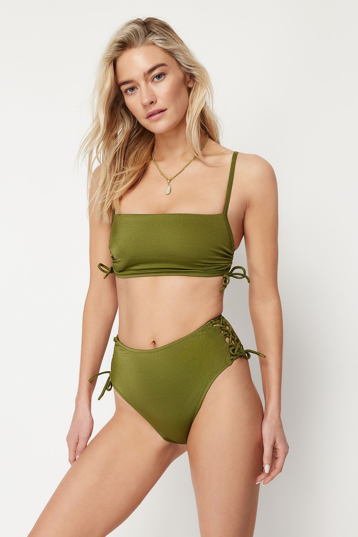 Trendyol Collection Khaki Ribbed High Waist Bikini Bottom