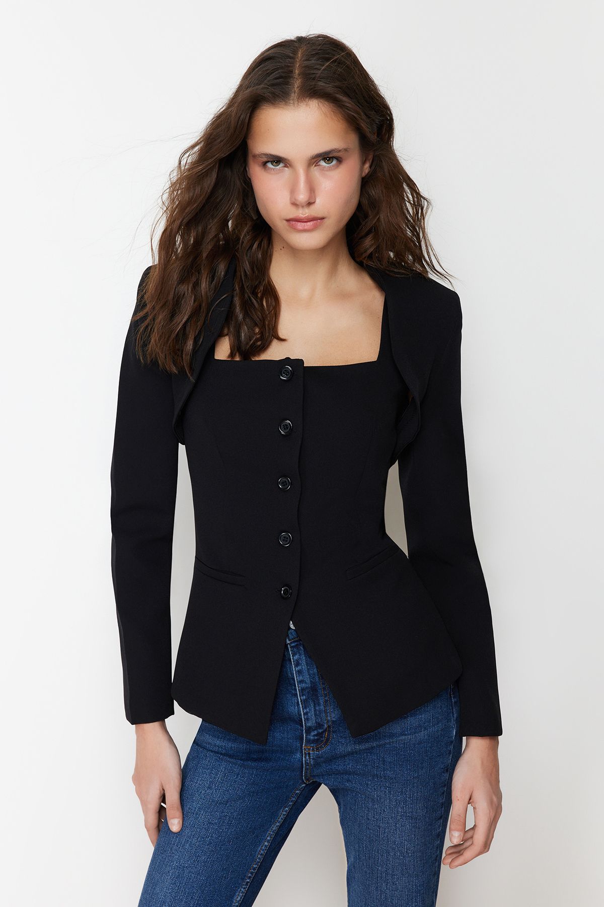 Trendyol Collection-Black Bolero Detailed Woven Blazer Jacket TWOSS24BC00019 3
