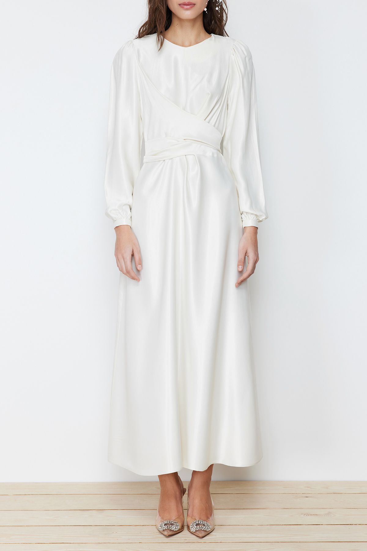 Trendyol Modest-Ecru Zweireihig Detailliert Langes Abendkleid für Hochzeit/besondere Anlässe TCTAW22EB0105 4
