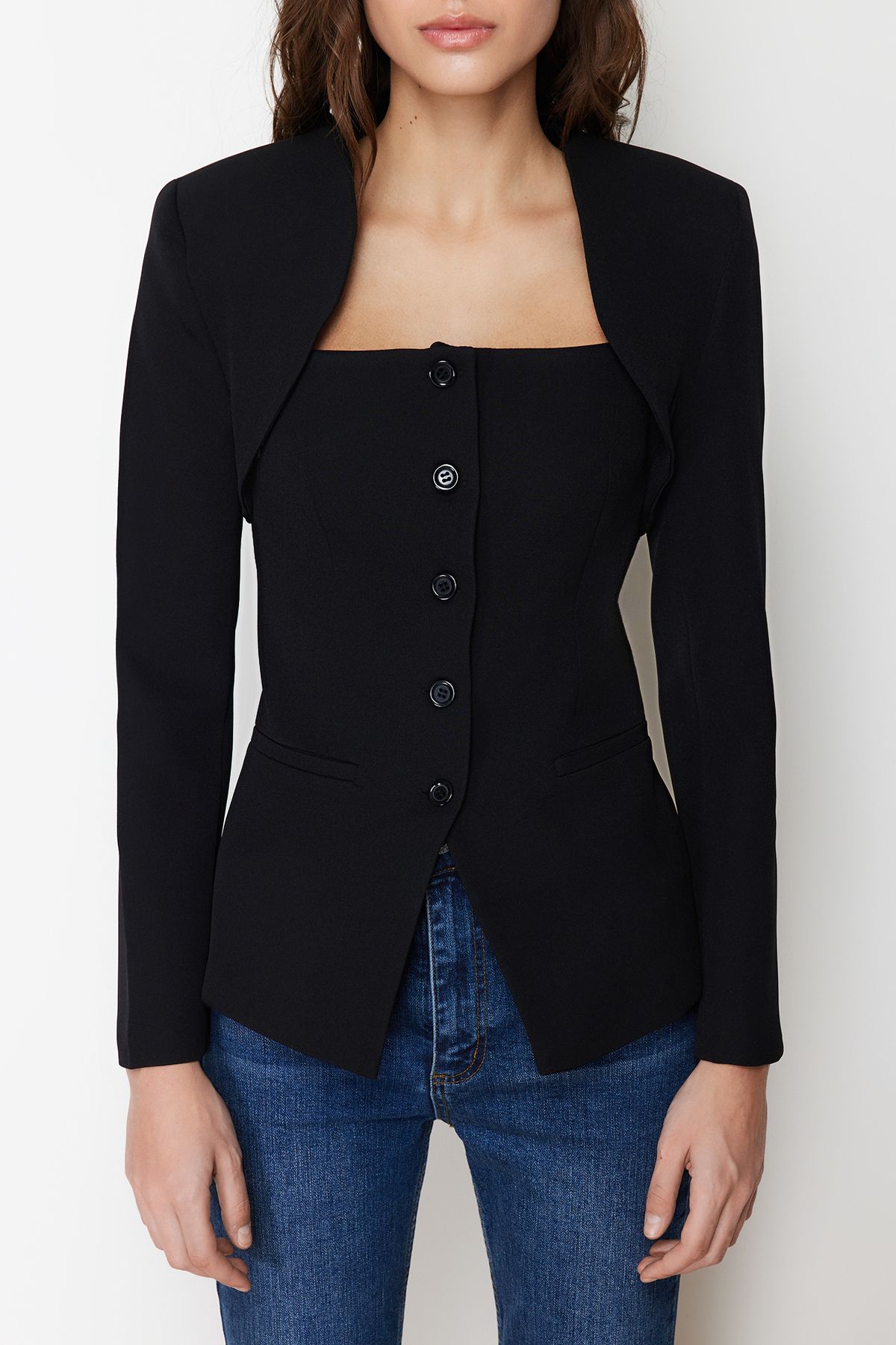 Trendyol Collection-Black Bolero Detailed Woven Blazer Jacket TWOSS24BC00019 4
