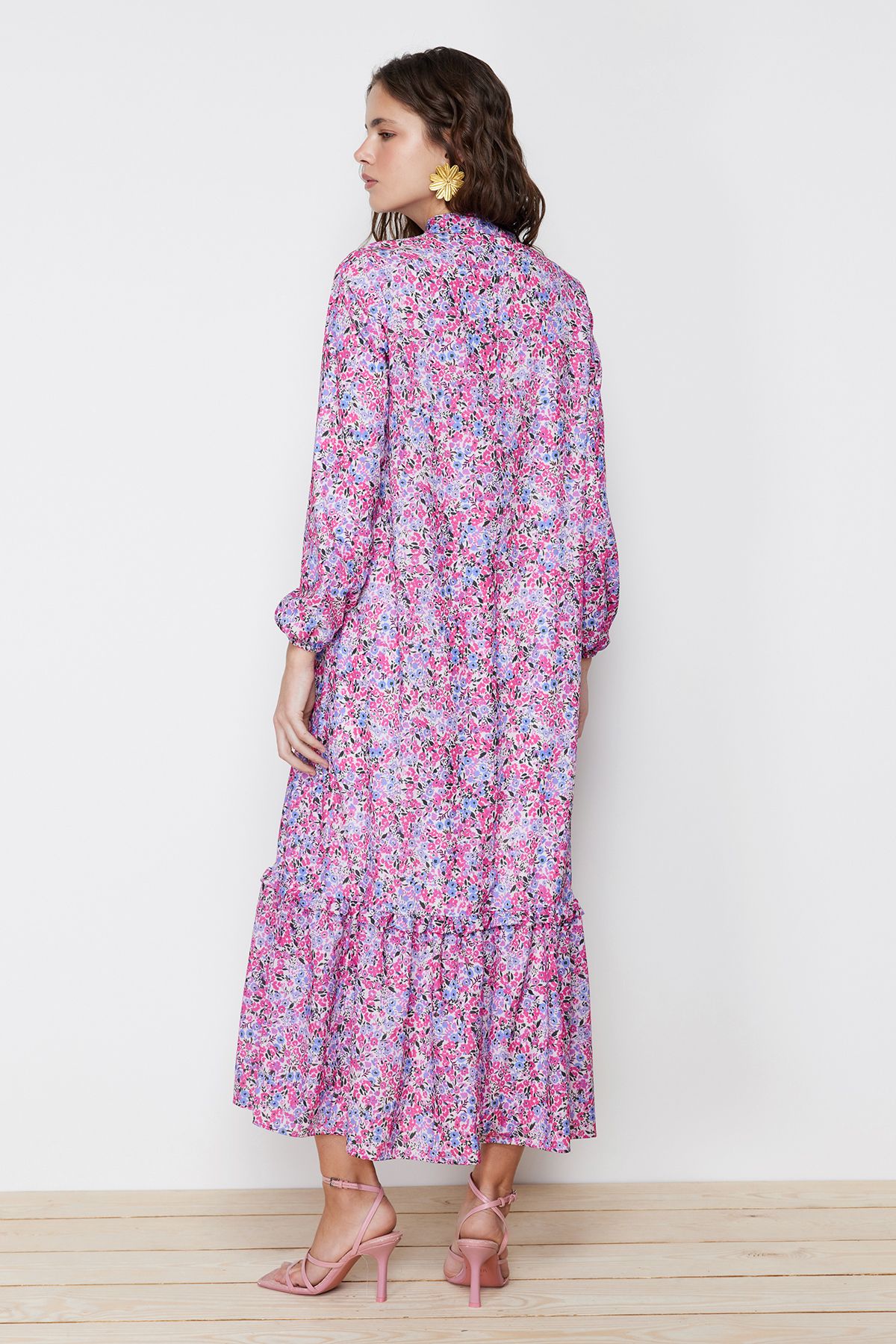 Trendyol Modest-Lila virágmintás fodros részletes szőtt ruha TCTSS21EL3353 6