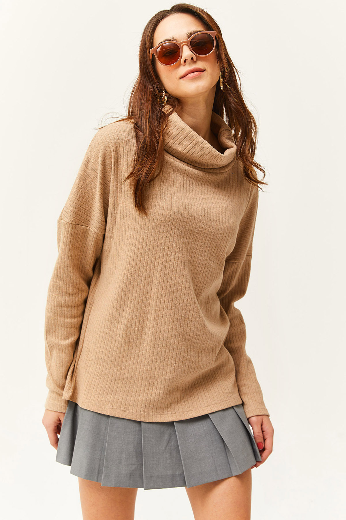 Women's Camel Degage Collar Raised Loose BlouseBLZ-19002480