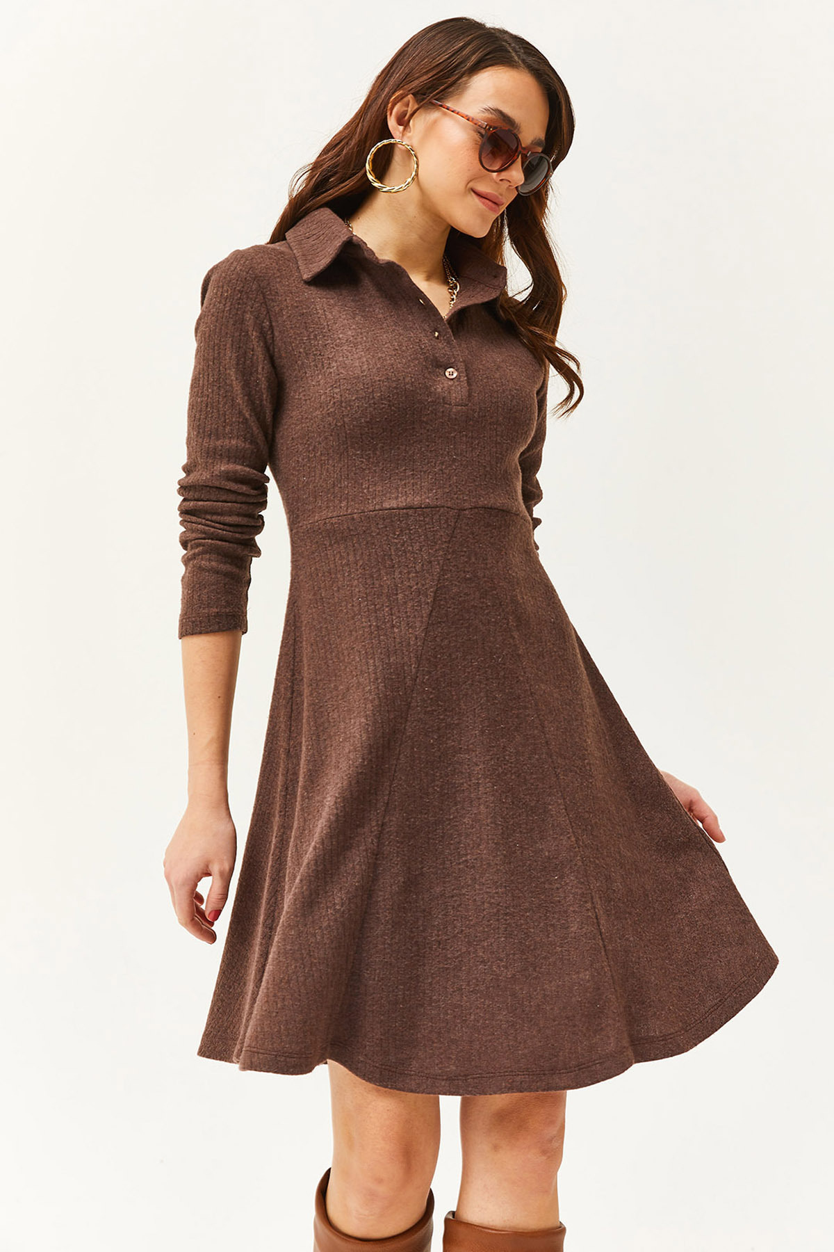 Olalook Damska gorzka brązowa sukienka polo z kołnierzykiem zapinana na guziki i mini rozkloszowana sukienka ELB-19002030