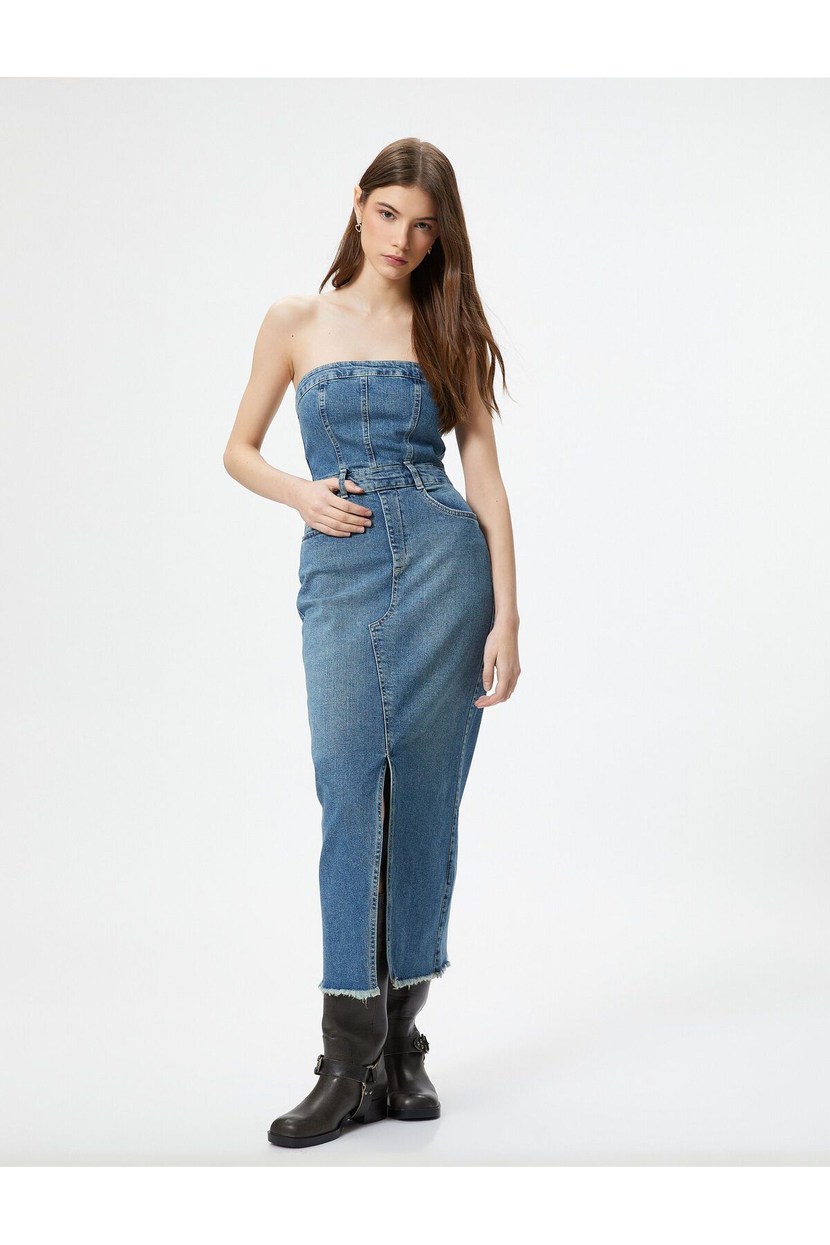 Denim overall on sale dress midi