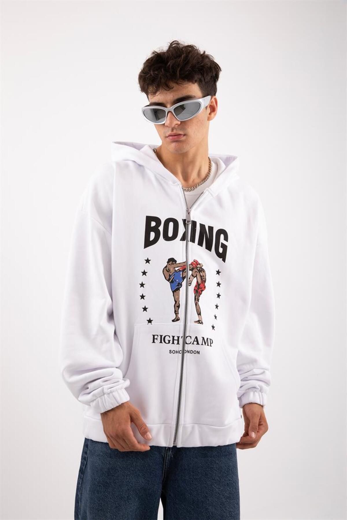 Flaw Wear Boxing Fight Camp White Zip Oversize Hoodie Trendyol