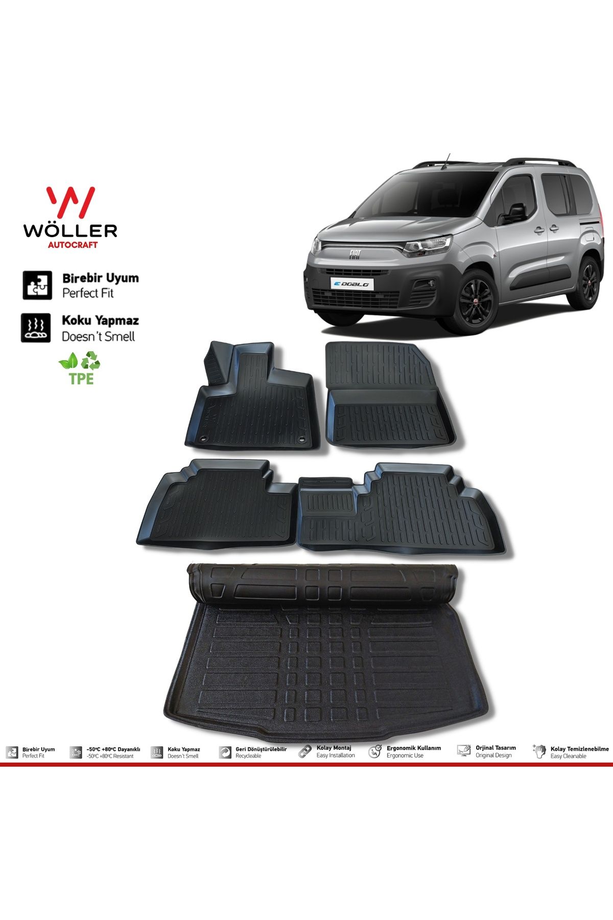 Комплект ковриков для багажного бассейна Wöller Fiat Doblo после 2023 года 3d Ultraflex Set wöllersetultra131