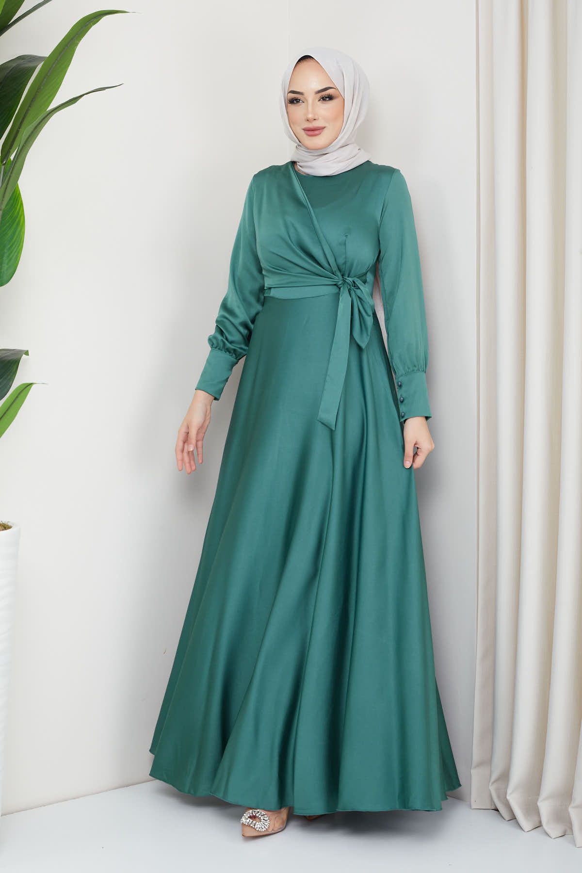 majButik Dark Mint Tied Satin Hijab Evening Dress