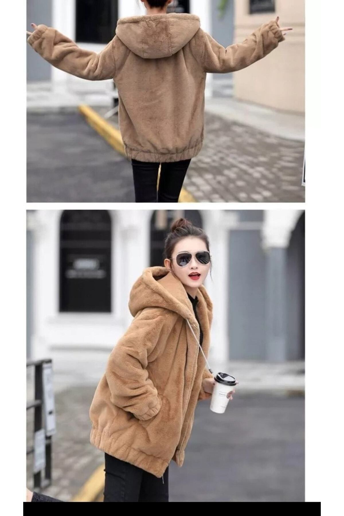 Genel Markalar  Oversize Kapşonlu Fermuarlı Astarsız Içi Dışı Peluş Hırka - Görsel 2