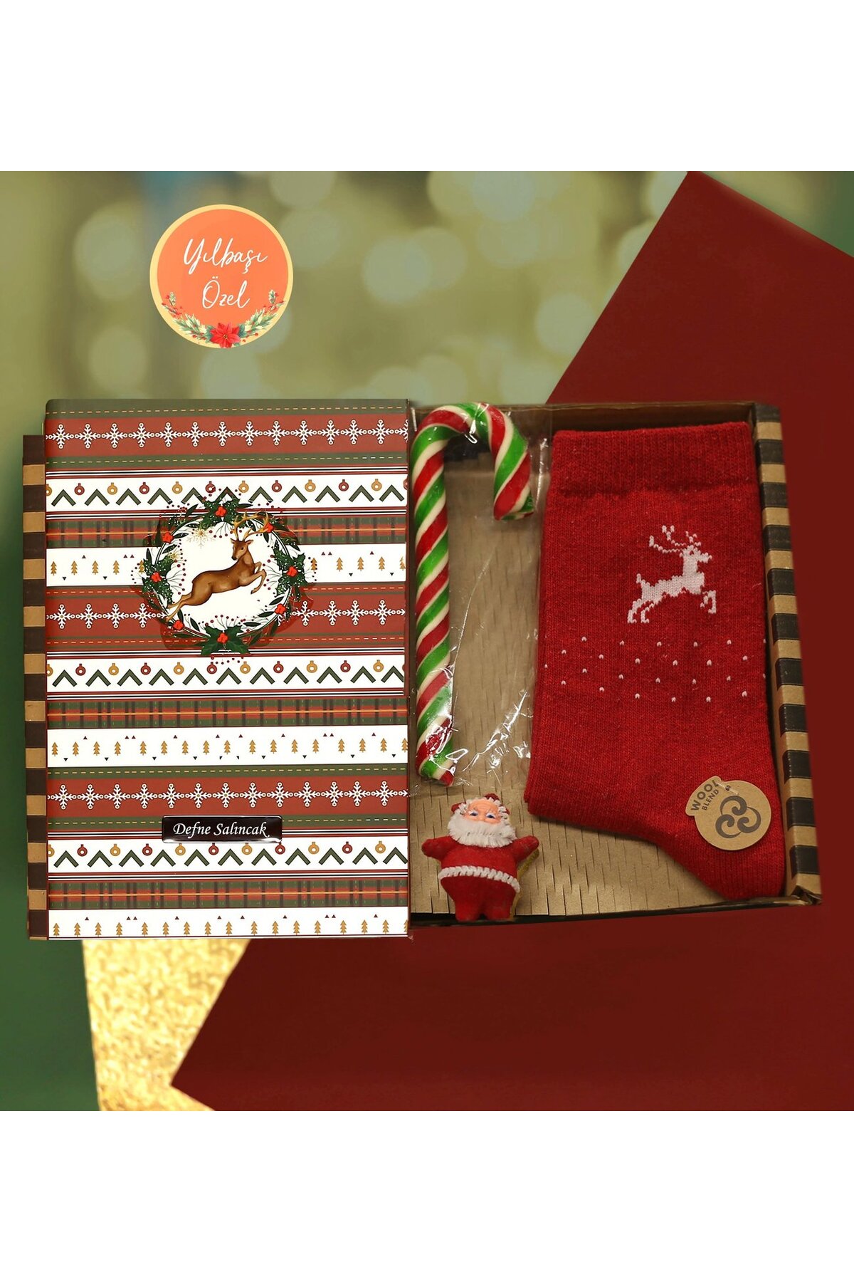 Personalized Patterned Notebook & Christmas Themed Socks & Candy Cane & Mini Santa Claus Gift Set