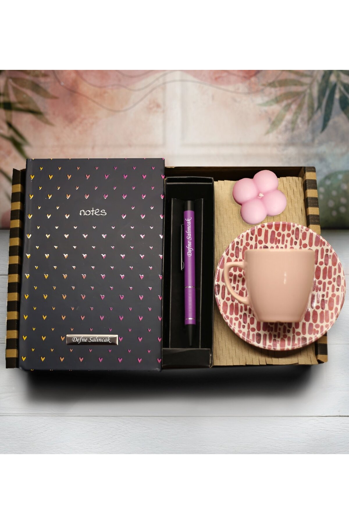 Personalized Patterned Notebook & Personalized Metal Ballpoint Pen & Coffee Cup & Candle Gift Set