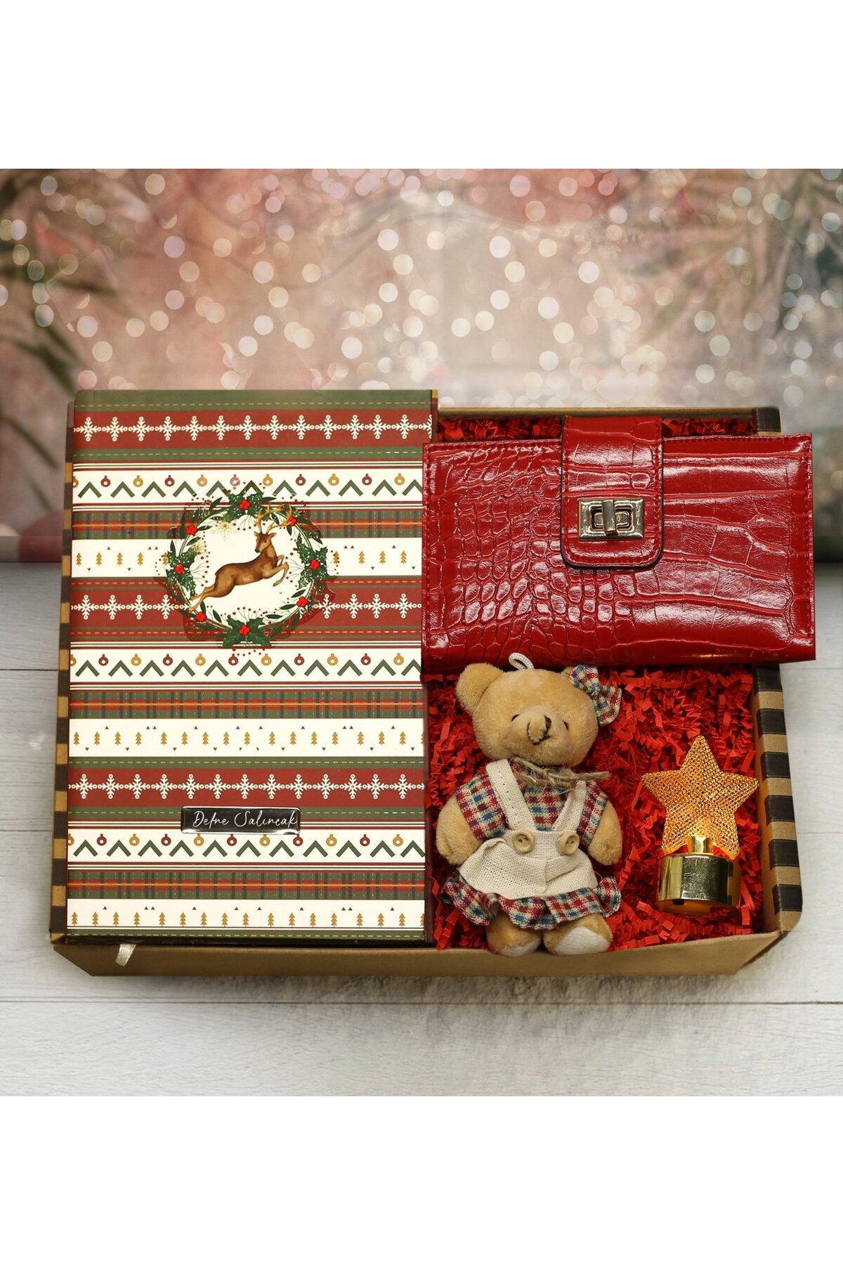 Personalized New Year Themed Notebook & Wallet & Teddy Bear Keychain & Star LED Light Gift Set
