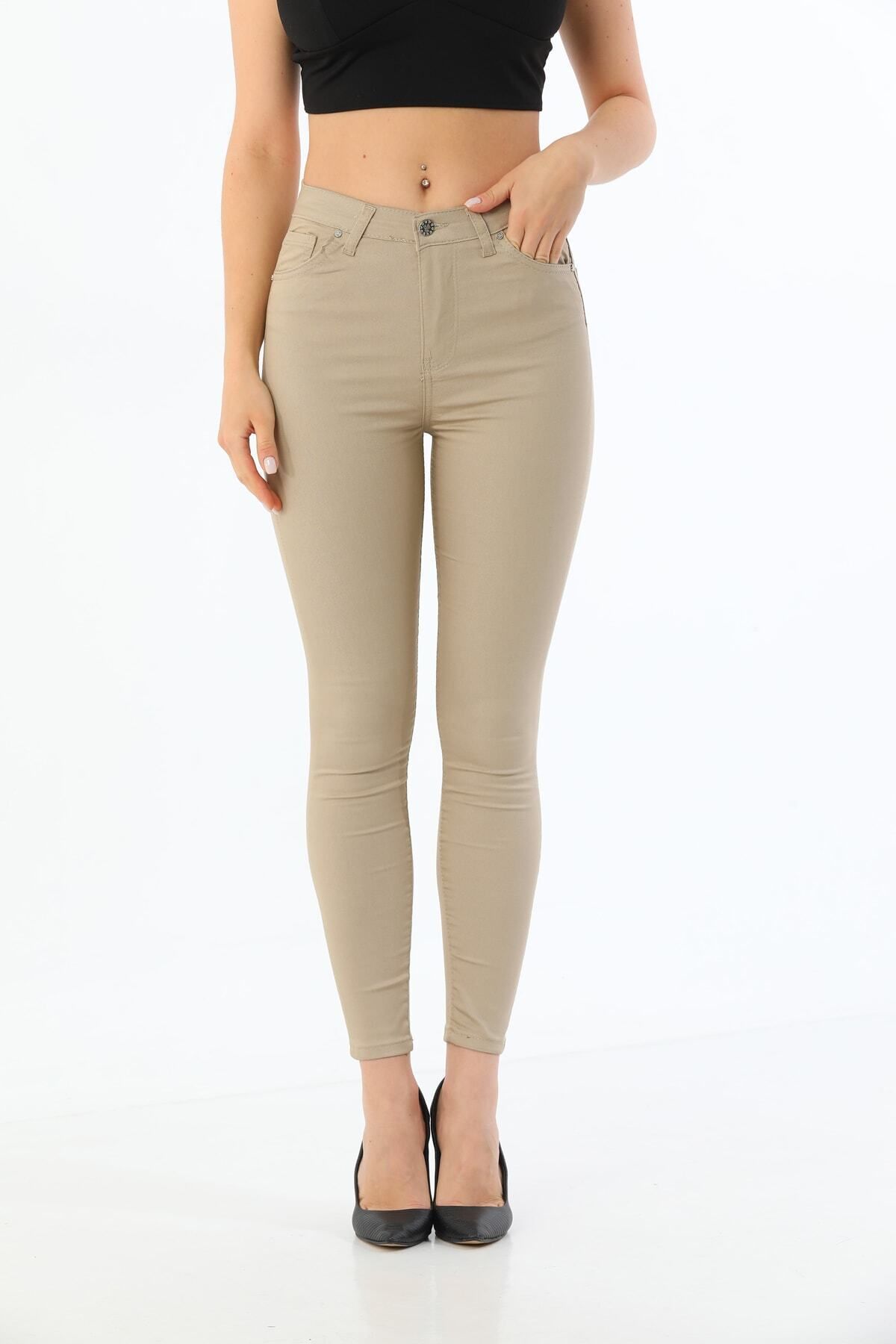 B KEL FE Women s Beige High Waist Ankle Length Slim Leg Skinny Lycra Trousers