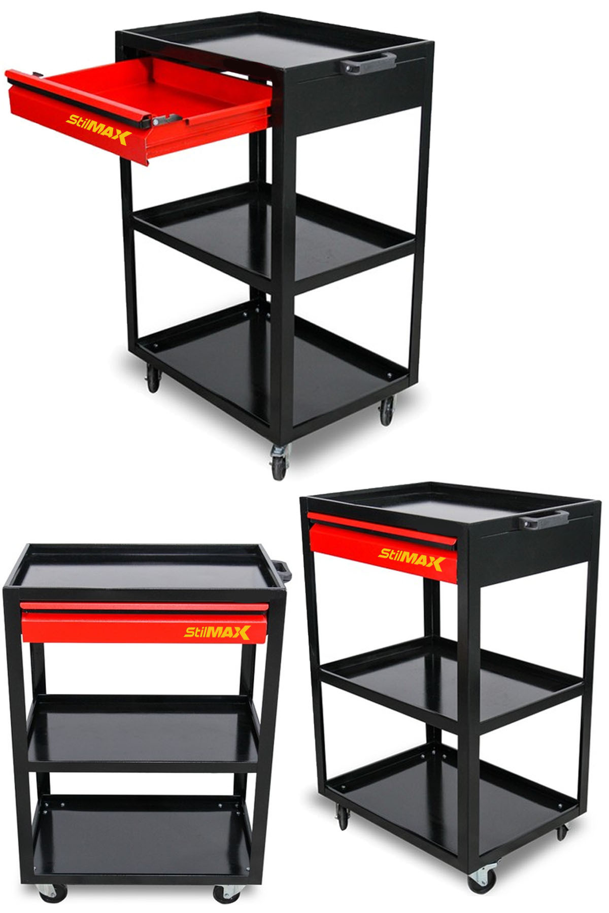 STILMAX XL RED Pro Seri Tek Çekmeceli 3 Bölmeli Alet Servis Arabası Tek Çekmece Takım Tezgah Arabası