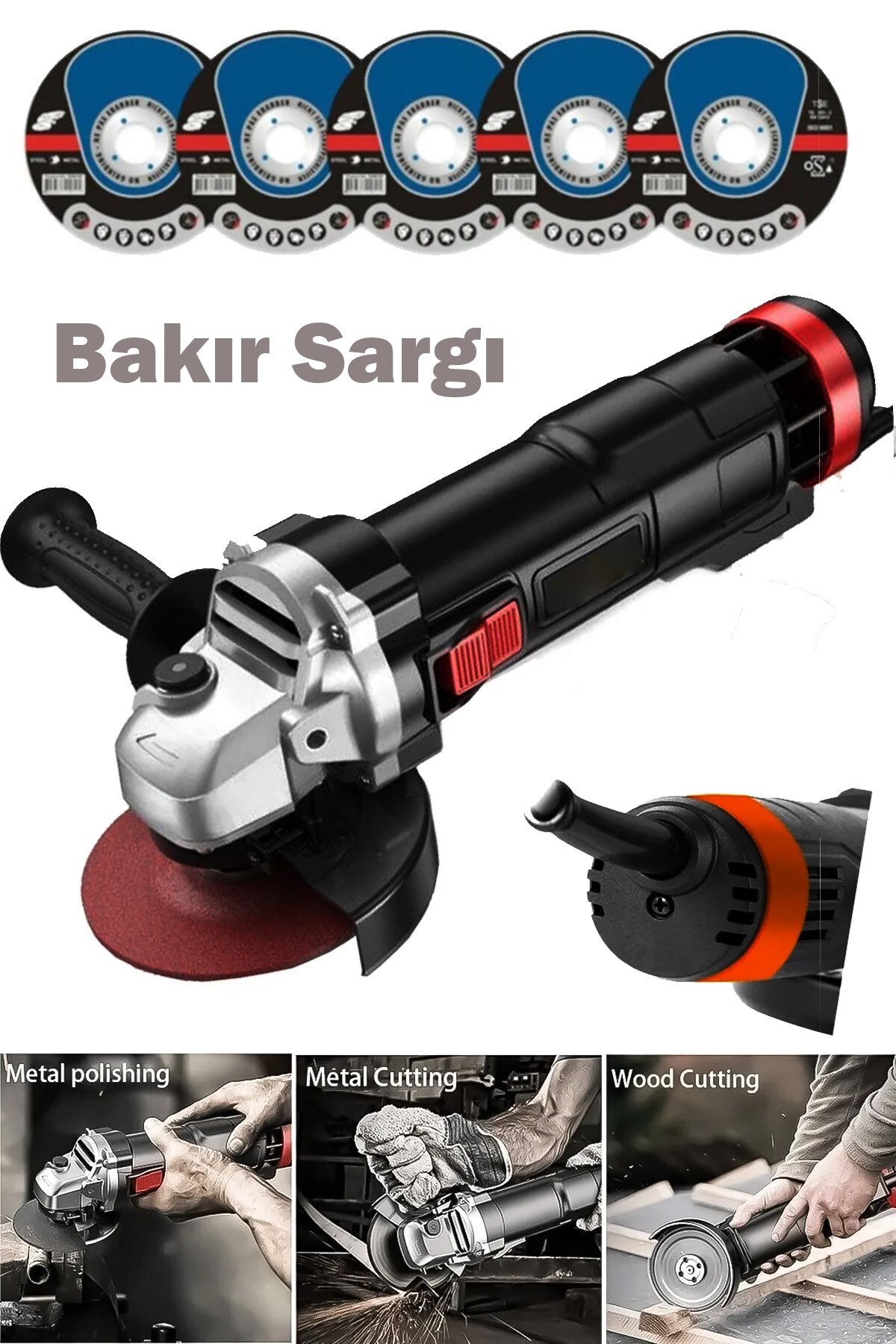 MOONSHOP Bakır Sargılı 115 mm 4500 Watt Metal Şanzıman Avuç Içi Taşlama Sprial Makinesi Ve 5 Taş Hediyeli