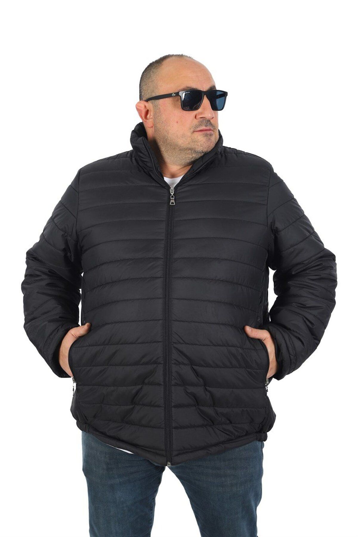 MEYASU Erkek Siyah Su Geçirmez Fermuarlı Battal Şişme Mont