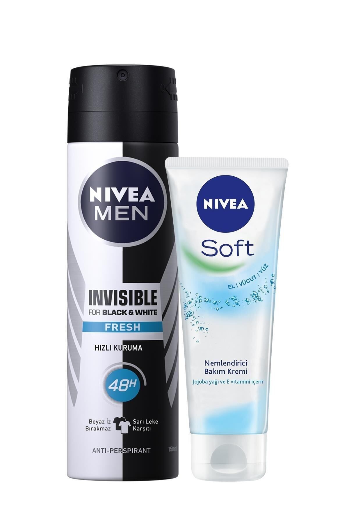 NIVEA Men Мужской дезодорант-спрей Black&white Invisible Fresh 150 мл Мягкий увлажняющий крем для ухода 75 мл SET.NVE.162