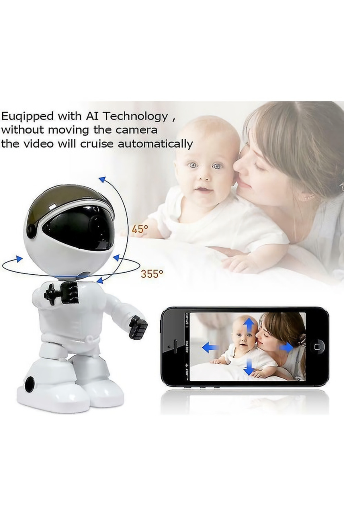 qasul 1080p Robot Görünümlü Bebek Bakıcı Wifi Ip Güvenlik Kamerası Kablosuz Gece Görüşlü fotoğrafı 3 (önizleme)