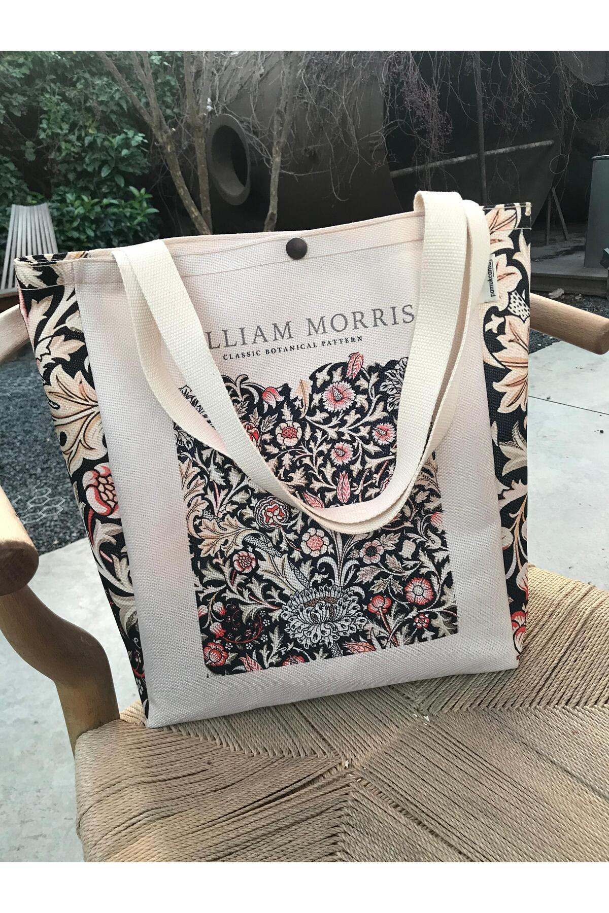 pamukcanta  William Morris Kanvas Bez Çanta Yıkanabilir Metal Çıtçıtlı Cepli - Görsel 5