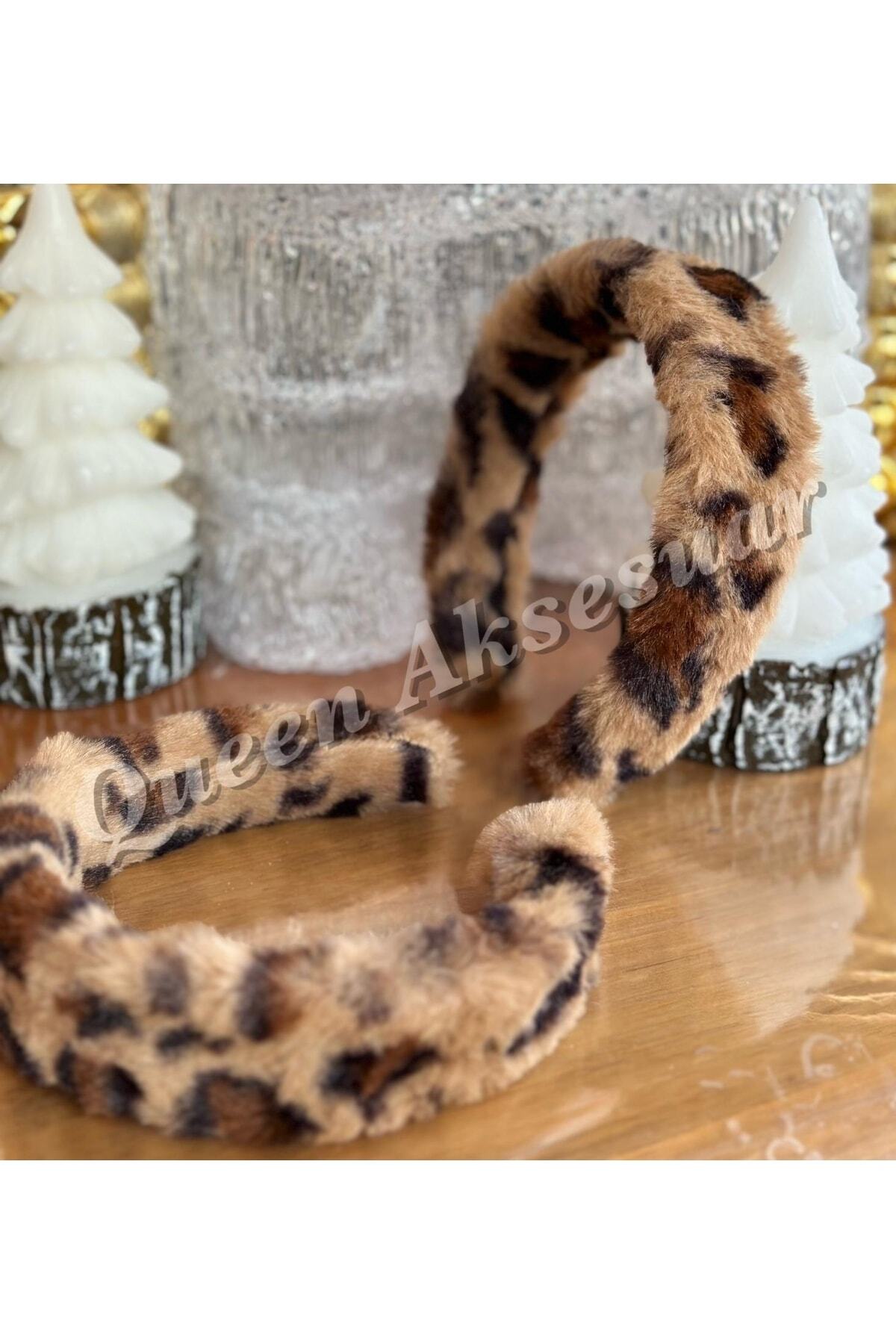 Trend Moda Lüks Ithal Peluş Tüylü Taç Kaplan Leopar Kahverengi Desenli Kadın Yetişkin Tacı 3