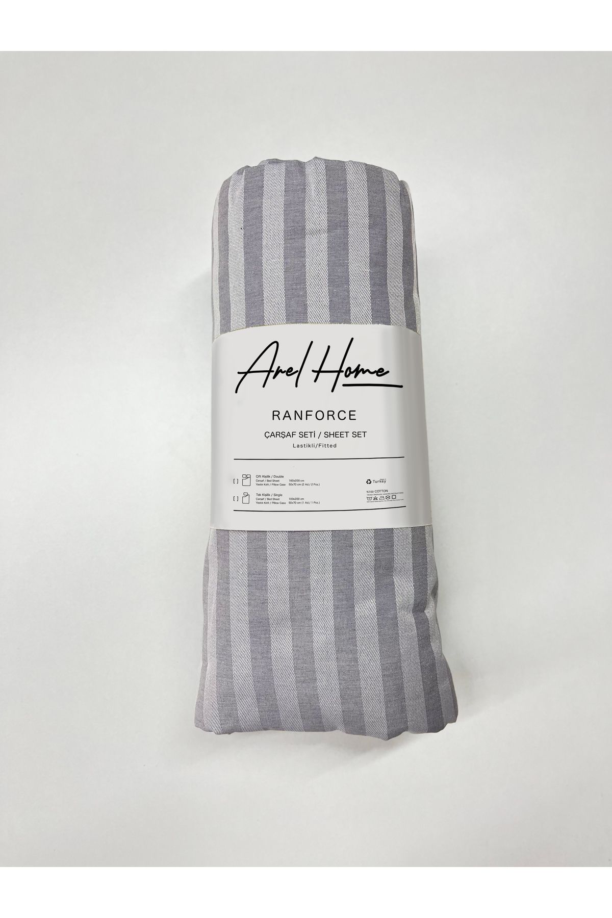 Arel Home-Striped Single Elastic Sheet Set with Ranforce 100% Cotton Pillowcase 2