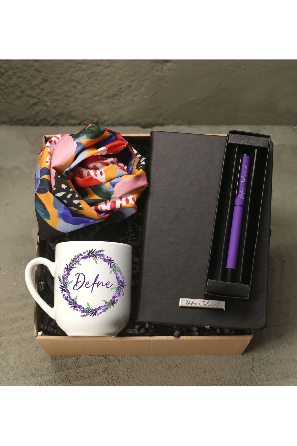 Personalized Thermo Leather Black Notebook & Personalized Purple Pen & Printed Mug & Scarf Gift Set