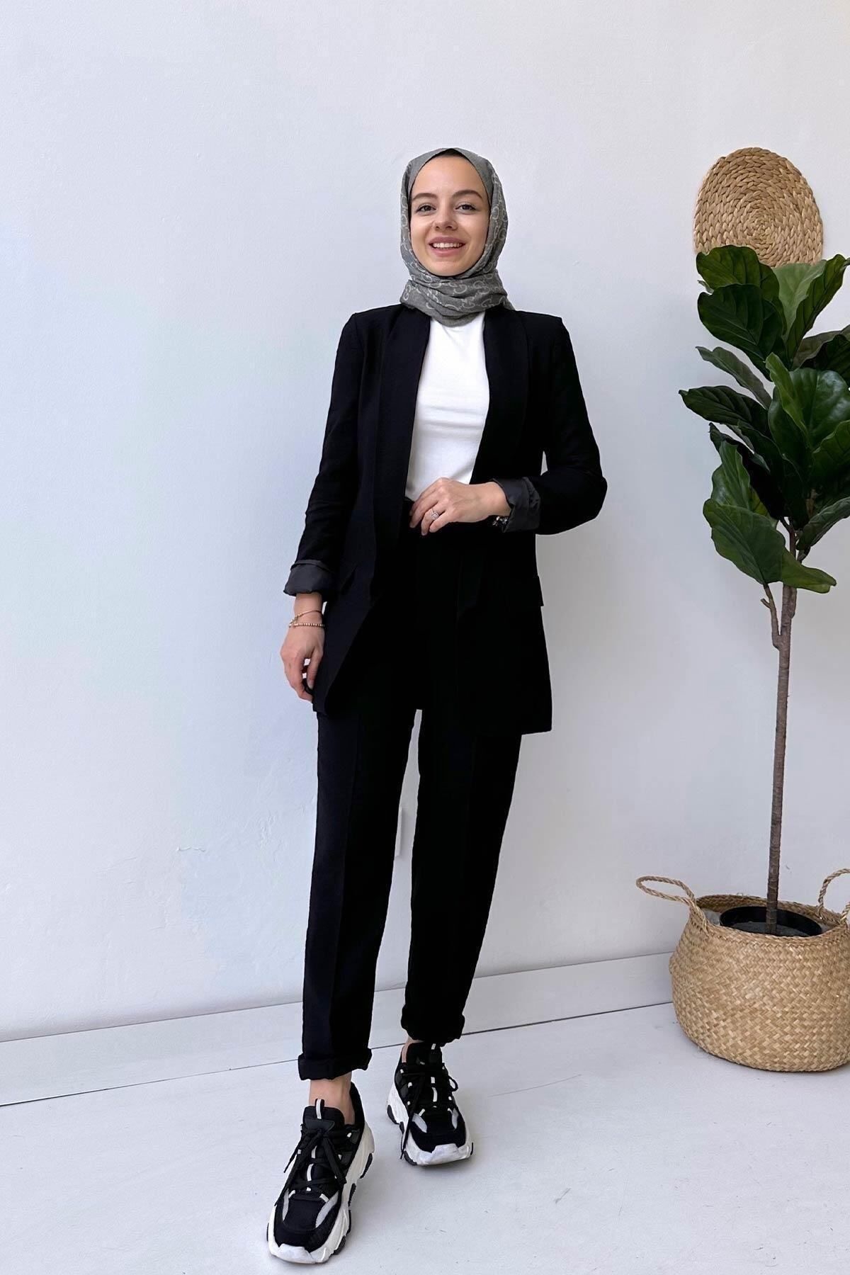 Ka Hijab Slim Linen Suit - Black - Trendyol