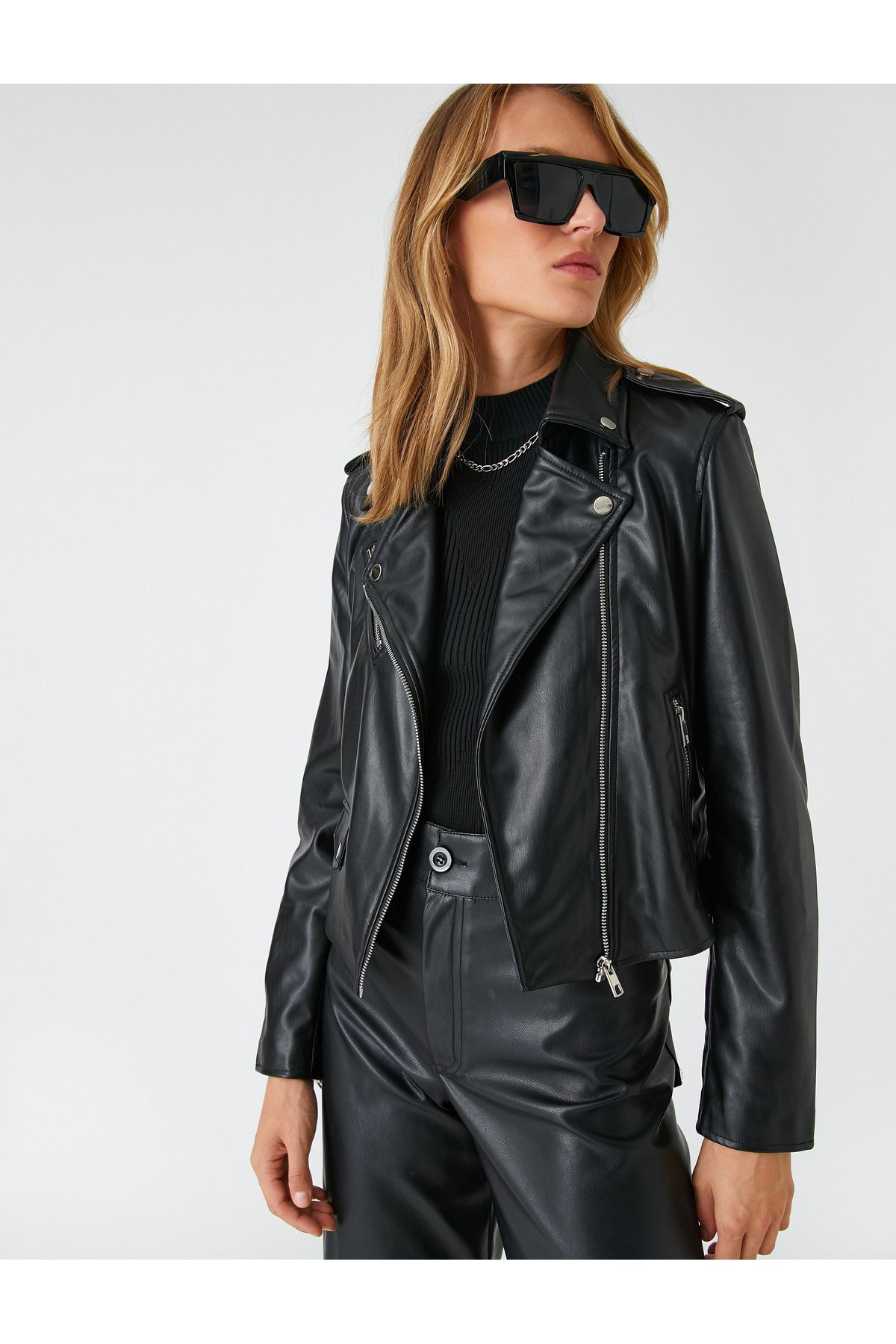 Koton Faux Leather Biker Jacket with Zipper Trendyol