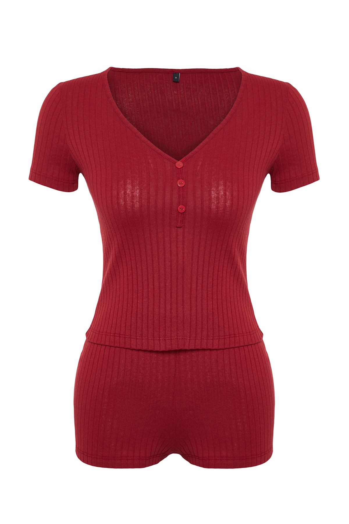 Trendyolmilla  Bordo Düğme Detaylı Fitilli Şortlu Örme Pijama Takımı THMSS24PT00097 - Görsel 8
