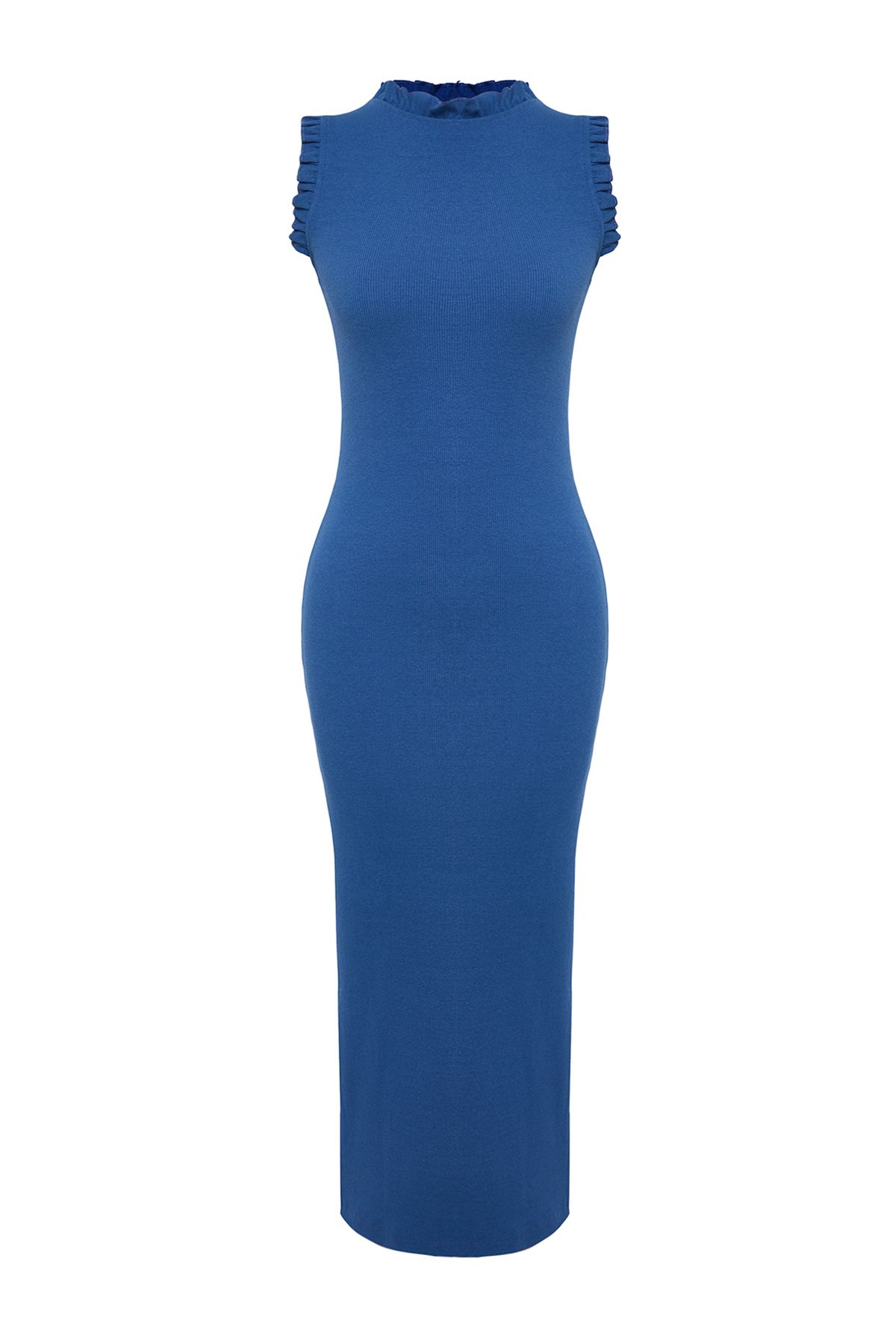 Trendyol Collection-Rochie tip creion, elastică, midi, tricotată, cu detaliu în volane Indigo TWOSS22EL1569 6