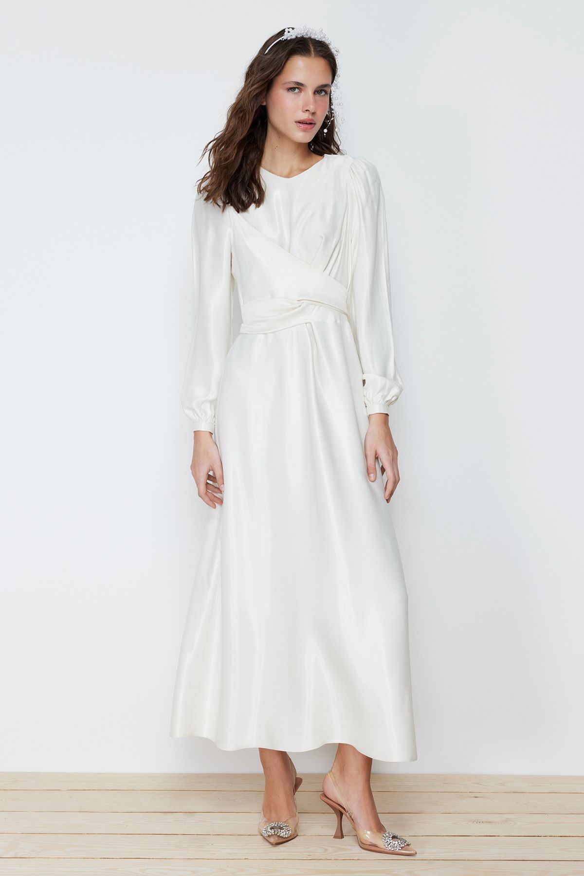 Trendyol Modest-Ecru Zweireihig Detailliert Langes Abendkleid für Hochzeit/besondere Anlässe TCTAW22EB0105 2